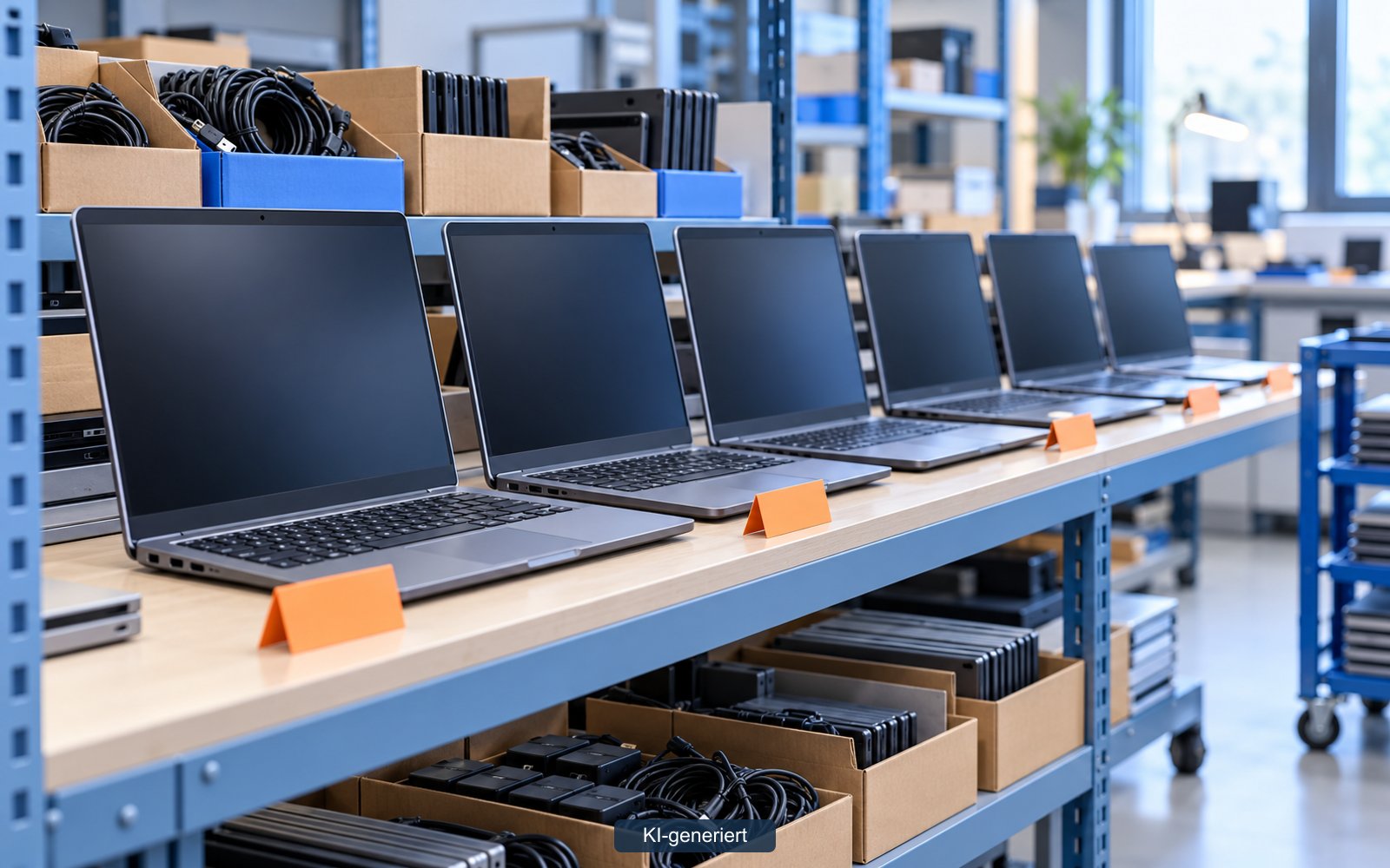 Regal in einer hellen Werkstatt mit aufgereihten, aufbereiteten Notebooks und Kisten mit Netzteilen.