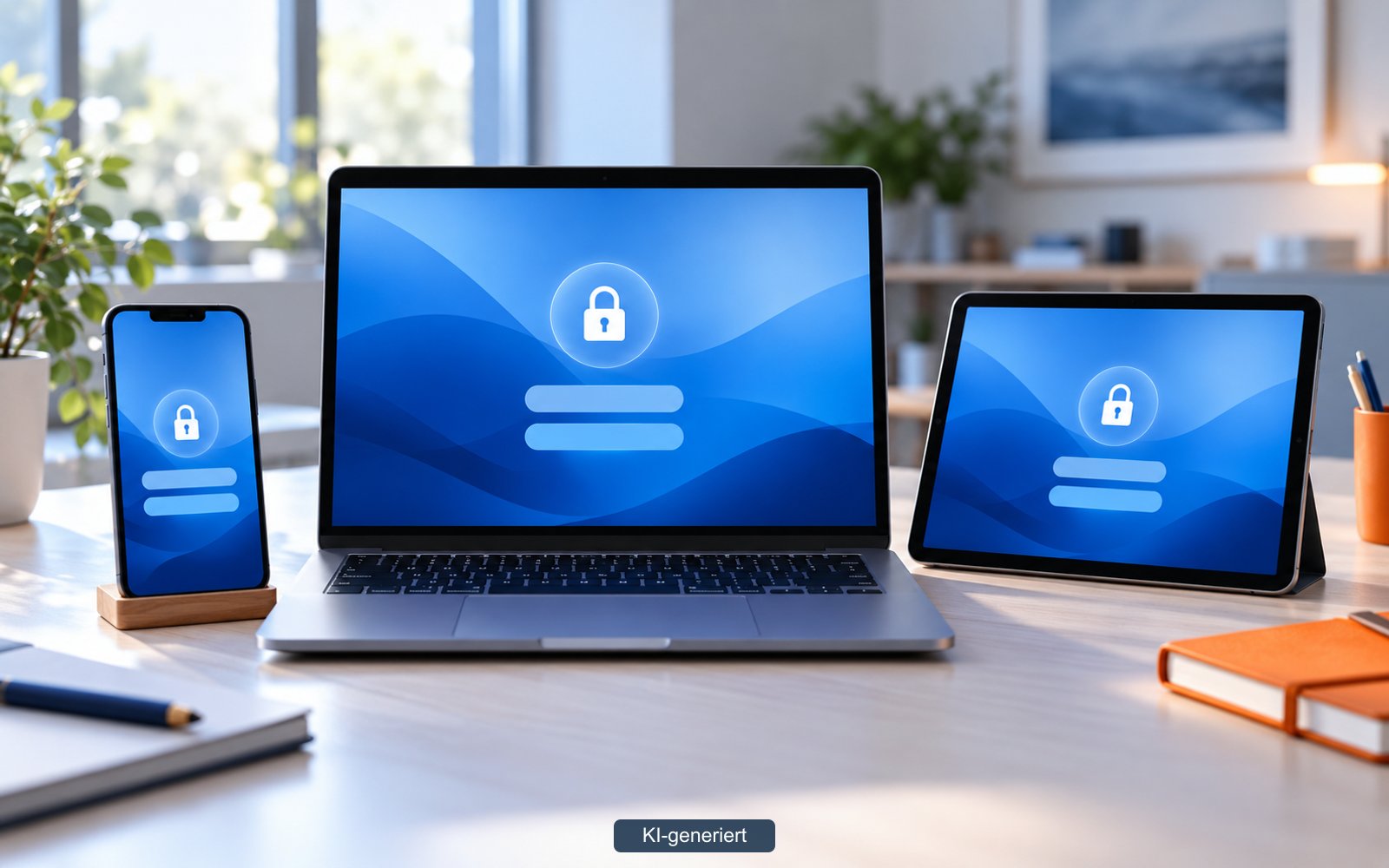 Smartphone, Notebook und Tablet nebeneinander, alle mit Schloss-Symbol auf dem Bildschirm.